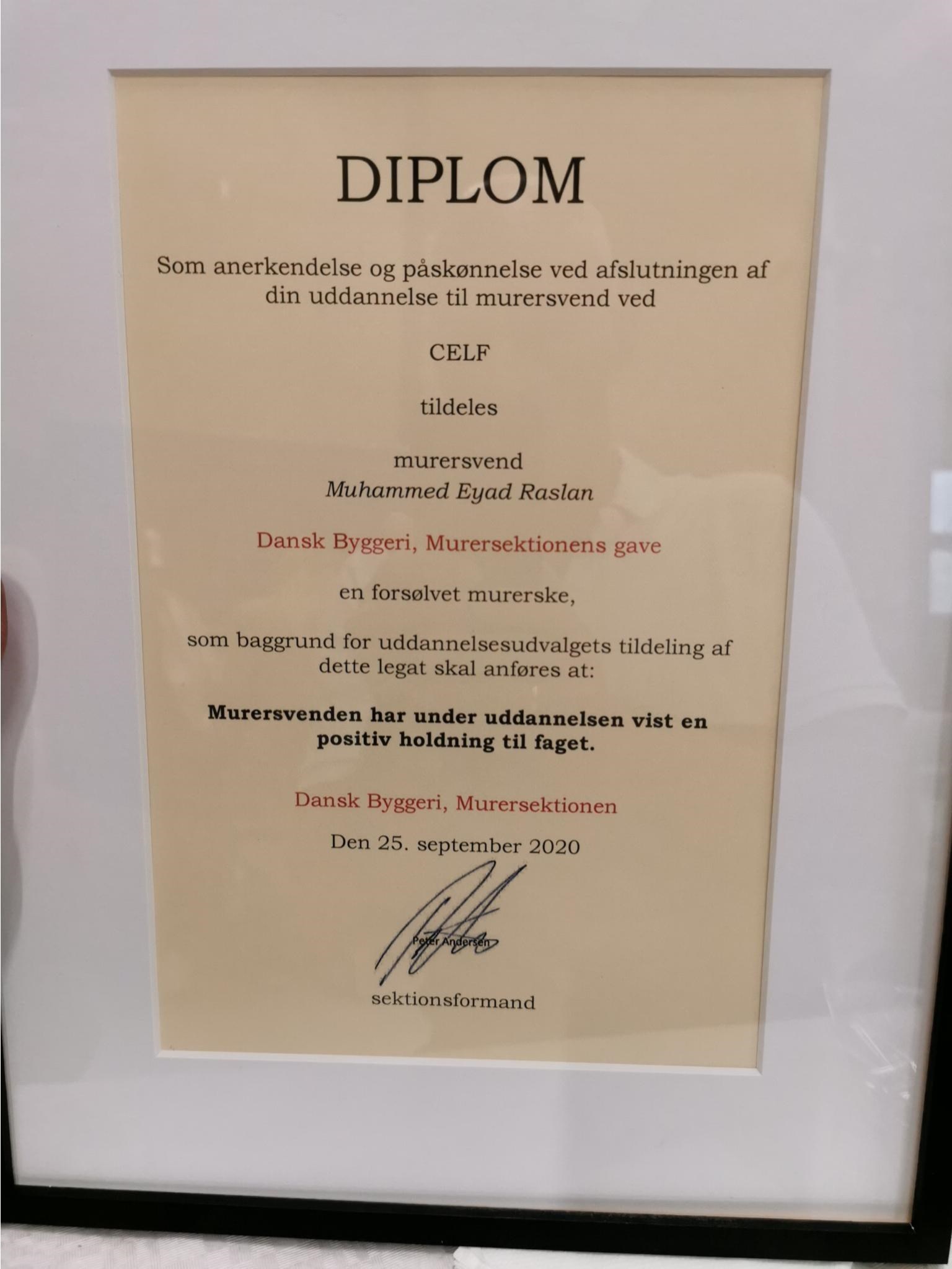 Muhammed Raslan Diplom fra Dansk Byggeri